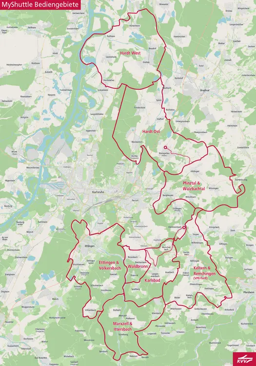 Karte zeigt alle Bediengebiete von MyShuttle 