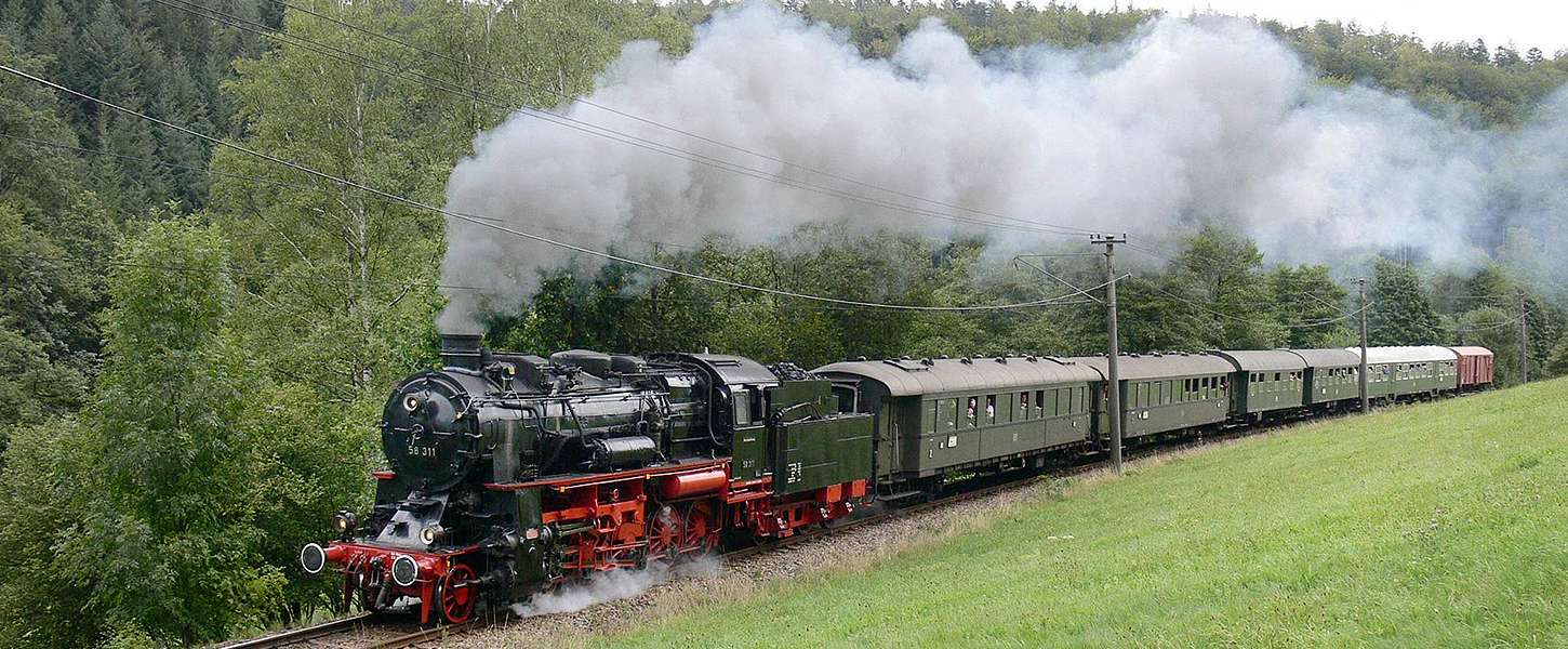 Ein schwarzer Dampfzug fährt zwischen Wald und Wiese.