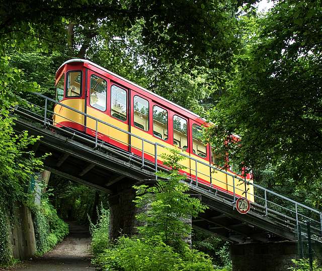 Die Turmbergbahn inmitten grüner Bäume.