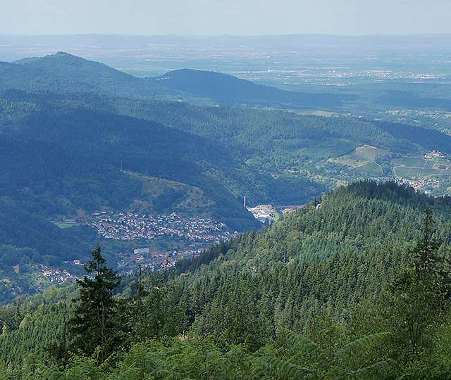 Panorama über Berge des Schwarzwaldes an einem sonnigen Tag.