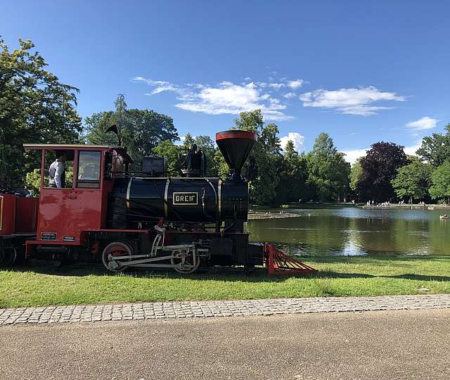 Die Schlossgartenbahn fährt an einem sonnigen Tag durch den Schlossgarten.