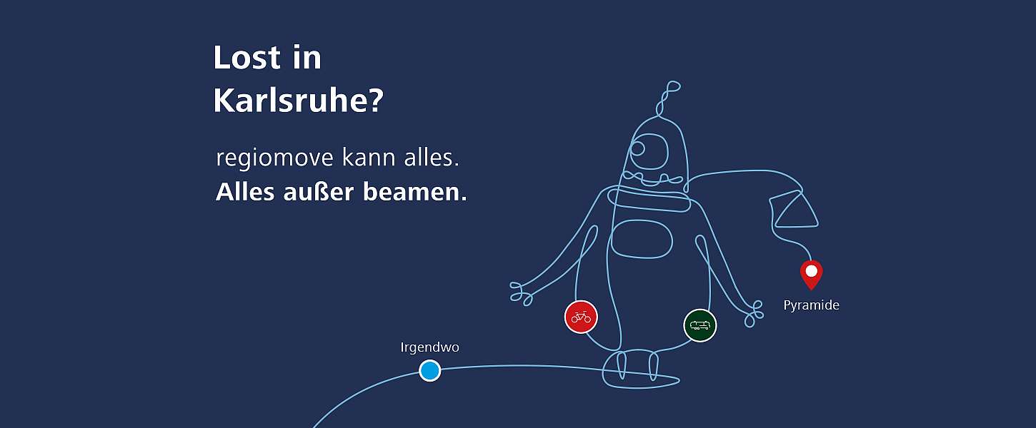 Weiße One-Line-Art Illustration eines Alien auf dunkelblauem Hintergrund. Folgender Hinweis ist zu sehen: Lost in Karlsruhe? regiomove kann alles. Alles außer beamen.