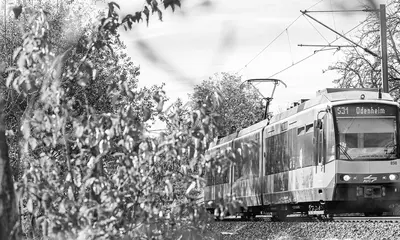 Ein Bahn der Linie S31/S32 fährt auf der Strecke. Das Bild ist schwarzweiss. 