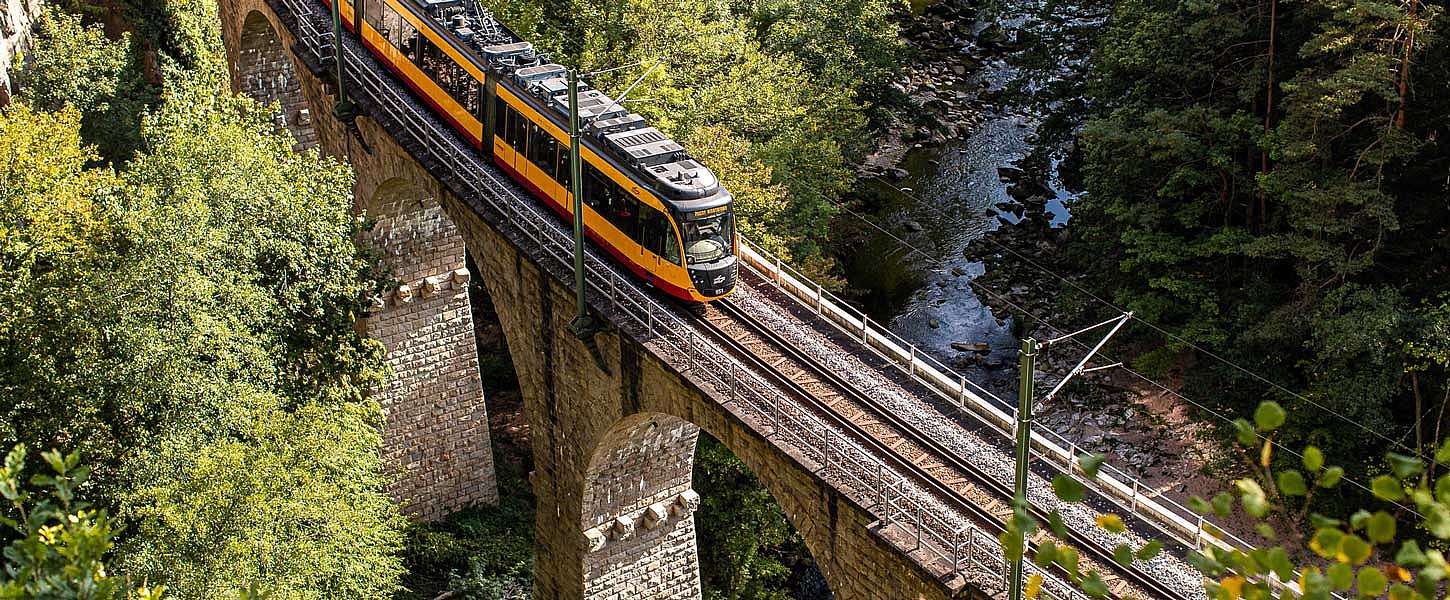 Eine Bahn der KVV fährt über ein Viadukt im Schwarzwald.