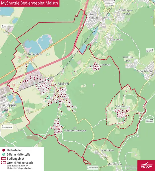 Übersichtskarte der Bediengebiete KVV.MyShuttle in Malsch.