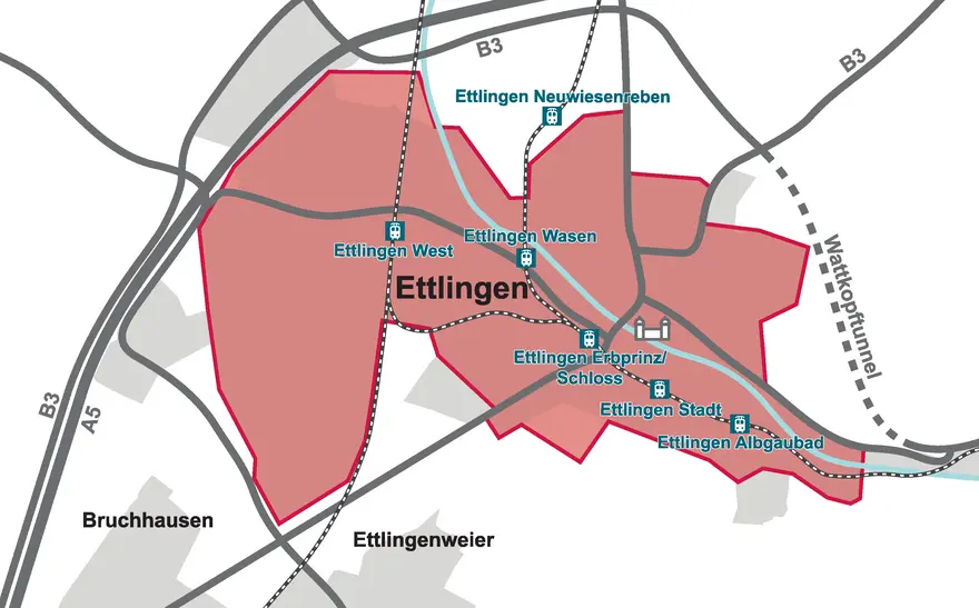 Das Bild zeigt die Karte der Flexzone Ettlingen für das kvv.nextbike.