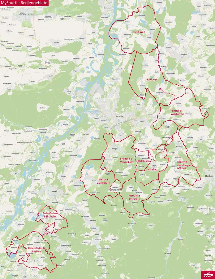 Übersichtskarte von allen Bediengebieten des KVV.MyShuttle