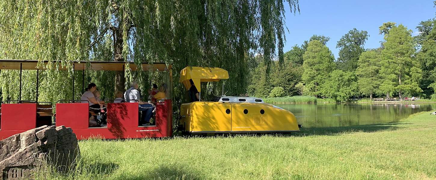 Die Schlossgartenbahn fährt an einem schönen Tag durch den Schlossgarten.